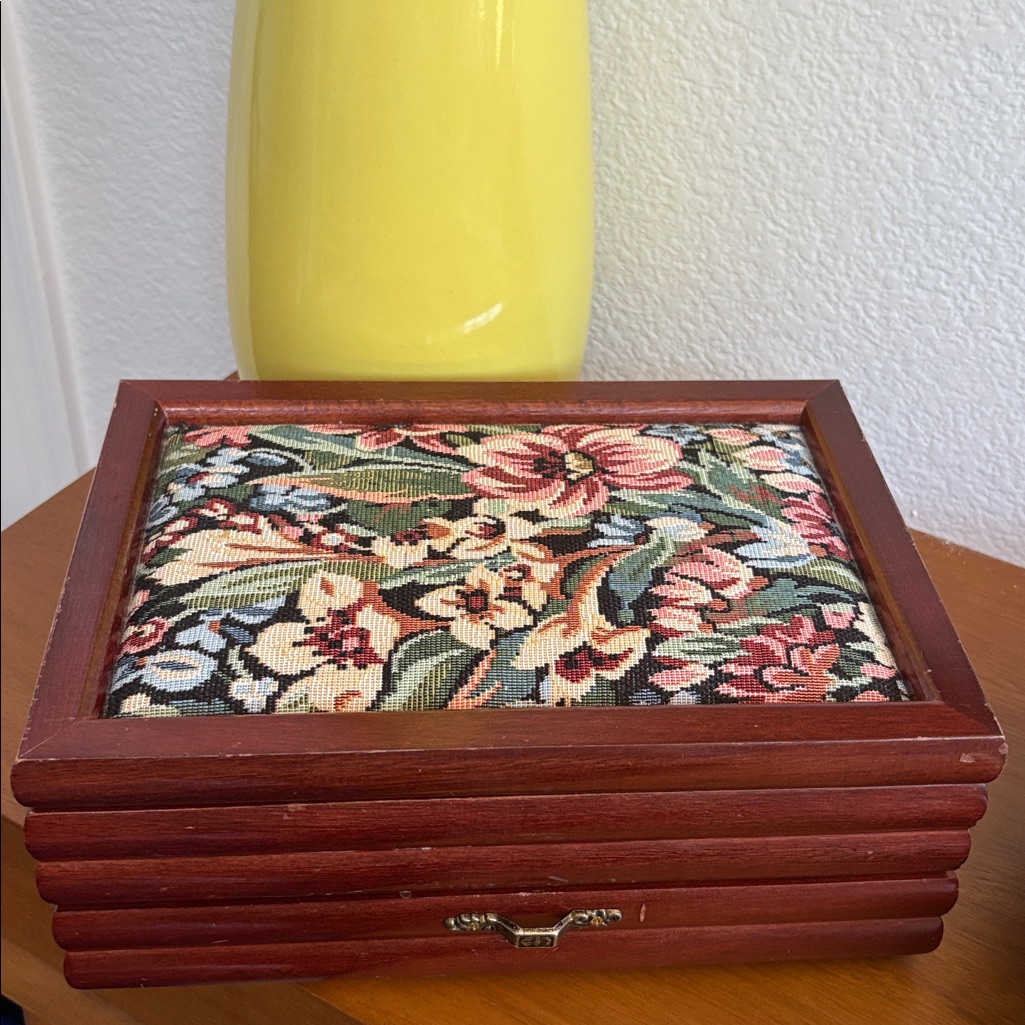 Vintage Floral Tapestry Wooden Jewelry Box